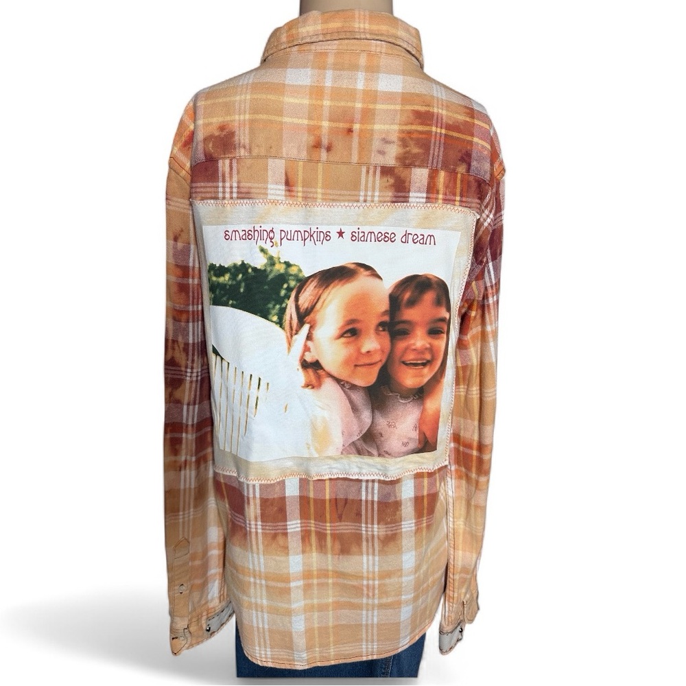 Repurposed Smashing Pumpkins Distressed Flannel with Leather Cuffs, Size M (344)
